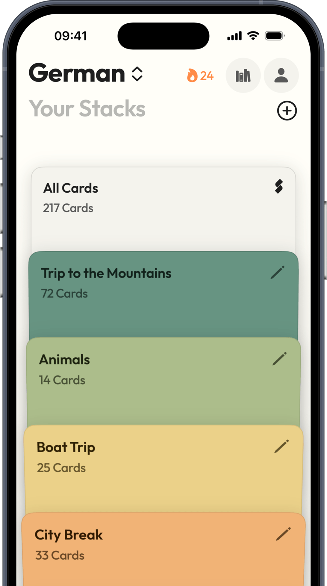 Cards grouped into stacks by topic, theme, and lesson